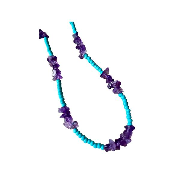 Long Strand of Purple Amethyst Chip Beads and Turquoise Bead Necklace - Picture 3 of 6